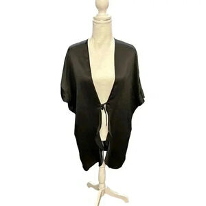 Victoria's Secret Kimono Satin Robe Ruffle Black Tie Closure SEXY One Size NWT